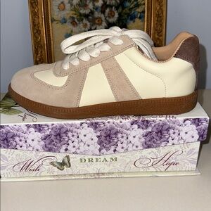 BeauToday 6.5 Ivory Tan Leather Retro German Army Trainer Patchwork Design